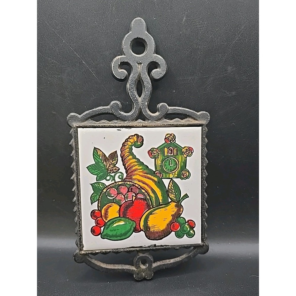 Vintage Mid Century Art Tile Footed Trivet Cornucopia Cuckoo Japan Cast Iron
